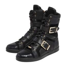 Pre Owned حذاء بوت جيمي تشو كومبات جلد وسويدي أسود مقاس 36 