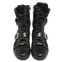 Pre Owned حذاء بوت جيمي تشو كومبات جلد وسويدي أسود مقاس 36 