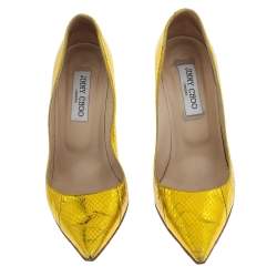 مملوكة مسبقًا Jimmy Choo Metallic Yellow Python Embossed Leather Abel Pointed Pumps Size 39