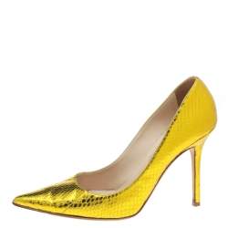 مملوكة مسبقًا Jimmy Choo Metallic Yellow Python Embossed Leather Abel Pointed Pumps Size 39