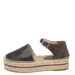 Pre Owned Jimmy Choo Olive Green Suede Delphine Ankle Strap Espadrille Platform Sandals Size 36.5