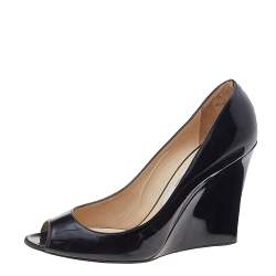 Pre Owned Jimmy Choo Black Patent Leather Bello Peep Toe Wedge Pumps Size 39