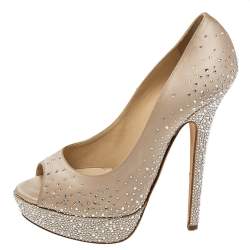 Jimmy Choo Beige Crystal Embellished Satin Peep-Toe Platform Pumps Size 39 