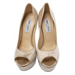 Jimmy Choo Beige Crystal Embellished Satin Peep-Toe Platform Pumps Size 39 