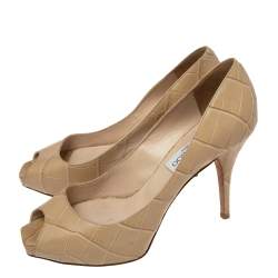 Pre Owned Jimmy Choo Beige Croc Embossed Leather Peep Toe Pumps Size 38