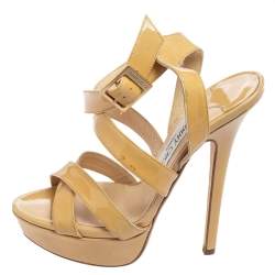 Jimmy Choo Beige Patent Leather Vamp Platform Sandals Size 37