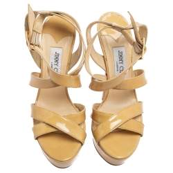 Jimmy Choo Beige Patent Leather Vamp Platform Sandals Size 37