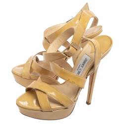 Jimmy Choo Beige Patent Leather Vamp Platform Sandals Size 37