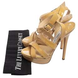 Jimmy Choo Beige Patent Leather Vamp Platform Sandals Size 37