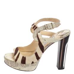 Jimmy Choo Beige/Brown Python Leather And  Pony Hair Ankle Strap Sandals Size 36.5