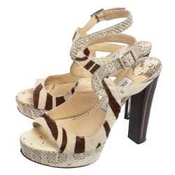 Jimmy Choo Beige/Brown Python Leather And  Pony Hair Ankle Strap Sandals Size 36.5