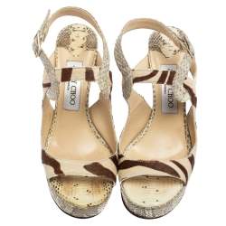 Jimmy Choo Beige/Brown Python Leather And  Pony Hair Ankle Strap Sandals Size 36.5