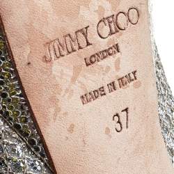 Pre Owned Jimmy Choo Metallic Champagne Lamè Glitter Fabric Dahlia Platform Peep Toe Pumps Size 37