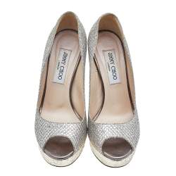 Pre Owned Jimmy Choo Metallic Champagne Lamè Glitter Fabric Dahlia Platform Peep Toe Pumps Size 37