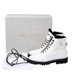 Pre Owned Jimmy Choo White Patent and Leather Lace-Up Ankle Heated Boots Size 40