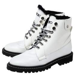 Pre Owned Jimmy Choo White Patent and Leather Lace-Up Ankle Heated Boots Size 40