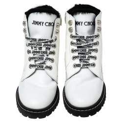 Pre Owned Jimmy Choo White Patent and Leather Lace-Up Ankle Heated Boots Size 40