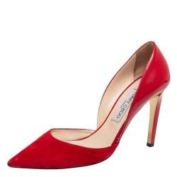 Pre Owned حذاء كعب عالي جيمي تشو داريلين سويدي وجلد لامع أحمر مقاس 38 