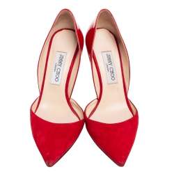 Pre Owned حذاء كعب عالي جيمي تشو داريلين سويدي وجلد لامع أحمر مقاس 38 