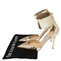 Pre Owned حذاء كعب عالي جيمي تشو ملتف حول الكاحل جلد ذهبي مقاس 38.5 