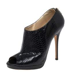 Jimmy Choo Black Python Leather Peep-Toe Ankle Booties Size 38.5