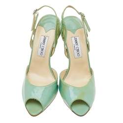 Pre Owned صندل جيمي تشو جلد لامع أخضر فتحة كعب نعل روكي مقاس 40 