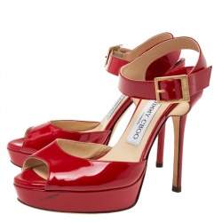 Pre Owned Jimmy Choo Red Patent Leather Peep-Toe Platform Ankle-Strap Sandals Size 37