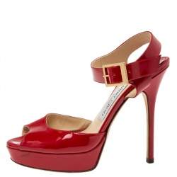 Pre Owned Jimmy Choo Red Patent Leather Peep-Toe Platform Ankle-Strap Sandals Size 37