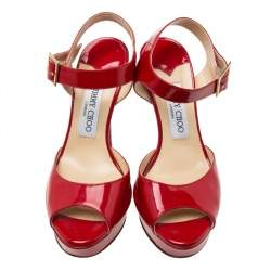 Pre Owned Jimmy Choo Red Patent Leather Peep-Toe Platform Ankle-Strap Sandals Size 37