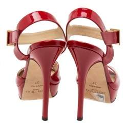 Pre Owned Jimmy Choo Red Patent Leather Peep-Toe Platform Ankle-Strap Sandals Size 37