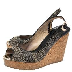 مملوكة مسبقًا صندل جيمي تشو قماش مغزول بيج / أسود نعل روكي مقاس 39