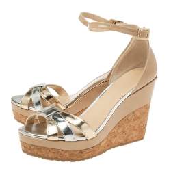 Pre Owned صندل جيمي تشو جلد فيلين ميتالك وجلد لامع ثلاثي اللون سير كاحل ونعل روكي سميك مقاس 35.5