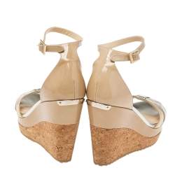 Pre Owned صندل جيمي تشو جلد فيلين ميتالك وجلد لامع ثلاثي اللون سير كاحل ونعل روكي سميك مقاس 35.5