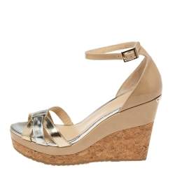 Pre Owned صندل جيمي تشو جلد فيلين ميتالك وجلد لامع ثلاثي اللون سير كاحل ونعل روكي سميك مقاس 35.5