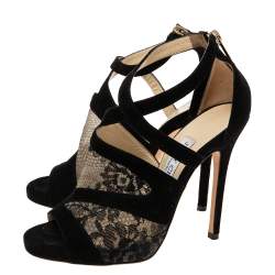 Jimmy Choo Black Lace and Suede Flyte Sandals Size 36.5