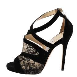 Jimmy Choo Black Lace and Suede Flyte Sandals Size 36.5