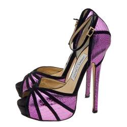 Jimmy Choo Metallic Pink Python Embossed Leather And Suede Platform Ankle Strap Sandals Size 36