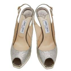 Pre Owned صندل جيمي تشو جلد وغليتر فضي/ذهبي مقدمة مفتوحة فتحة كعب نعل سميك مقاس 41