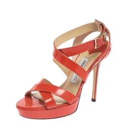 Jimmy Choo Orange Patent Leather Ankle Strap Sandals Size 37