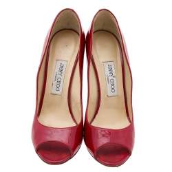 Pre Owned Jimmy Choo Red Patent Leather Wedge Peep Toe Pumps Size 40