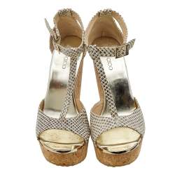 مملوكة مسبقًا صندل جيمي تشو بيلا جلد نقش ثعبان بني / بيج سير حرف تي نعل روكي مقاس 38.5