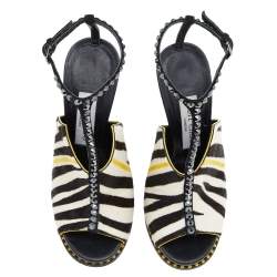 Pre Owned Jimmy Choo Multicolor Calf Hair Crystal Embellished Kascade T-Strap Wedge Sandals Size 36