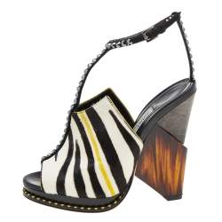 Pre Owned Jimmy Choo Multicolor Calf Hair Crystal Embellished Kascade T-Strap Wedge Sandals Size 36