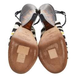 Pre Owned Jimmy Choo Multicolor Calf Hair Crystal Embellished Kascade T-Strap Wedge Sandals Size 36