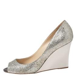 Jimmy Choo Metallic Silver/Gold Lamé. Fabric And Glitter Baxen Wedge Peep Toe Pumps Size 39.5