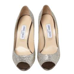 Jimmy Choo Metallic Silver/Gold Lamé. Fabric And Glitter Baxen Wedge Peep Toe Pumps Size 39.5