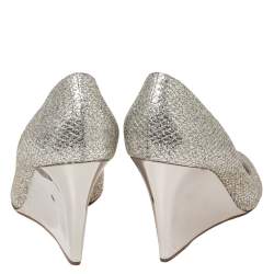 Jimmy Choo Metallic Silver/Gold Lamé. Fabric And Glitter Baxen Wedge Peep Toe Pumps Size 39.5