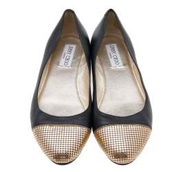 Pre Owned Jimmy Choo Black Leather Waine Chainmail Cap Toe Ballet Flats Size 38.5