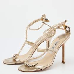 Jimmy Choo Metallic Gold Leather Leather Snake Embossed Ankle Strap Sandals Size 38