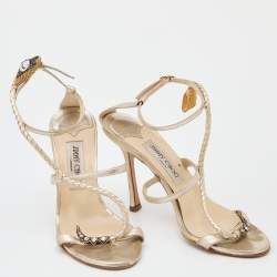 Jimmy Choo Metallic Gold Leather Leather Snake Embossed Ankle Strap Sandals Size 38